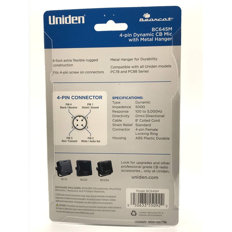 Uniden BC645M 4 Pin Dynamic CB Mic, with Metal Hanger