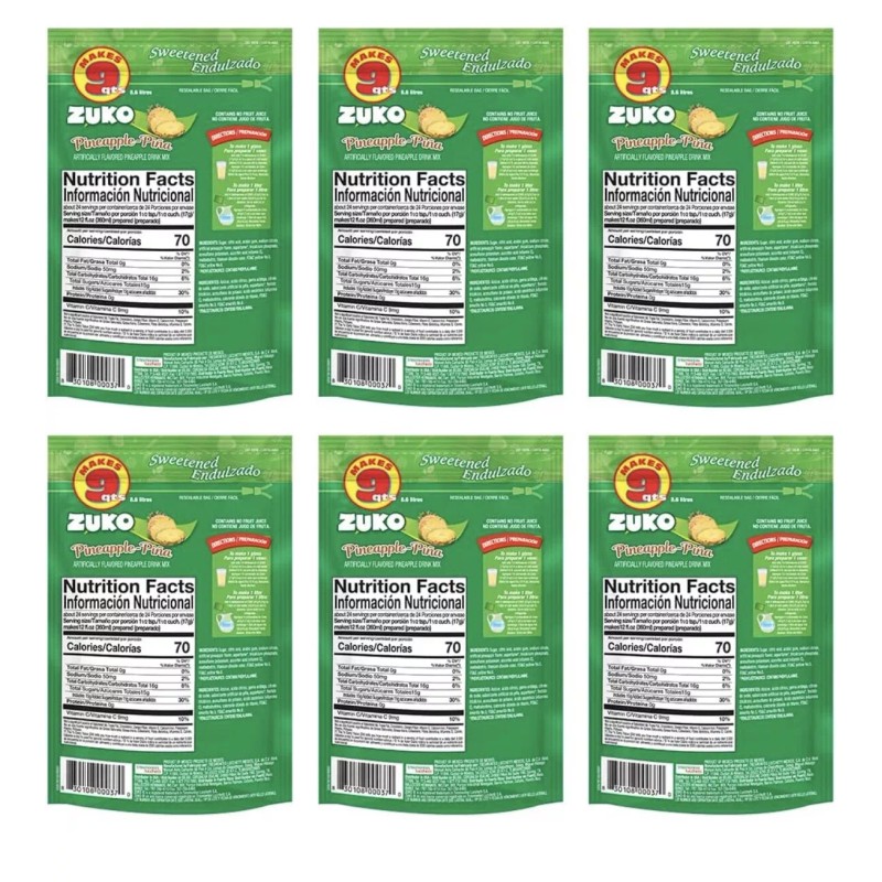 Zuko Pineapple Pina Flavored Drink Mix 14.1 Oz. 6 pck