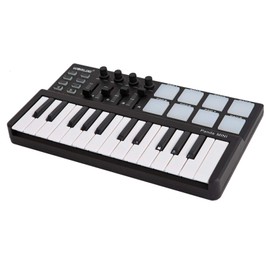 Btuty Mini 25-Key Midi Keyboard Controller With 8 Velocity-Sensitive Drum Pads, Portable USB Audio Interface With Assignable Knobs & Sliders For Music Production