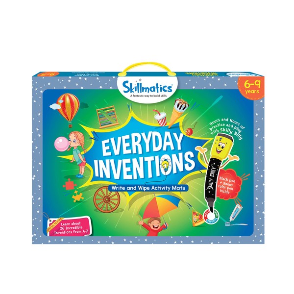 Skillmatics Educational Game: Everyday Inventions (6-9 Years) | Erasable and Reusable Activity Mats with 2 Dry Erase Markers | Learning Tools for Boys and Girls 6, 7, 8, 9 Years