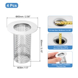 sourcing map 4 Pack Shower Drain Strainer, 3.2" x 2.6" 304 Stainless Steel Floor Drain Strainer Deep Sink Hair Catcher for Kitchen Bathroom Balcony Floor Drain, Fit Hole Size from 1.5" to 2.6"