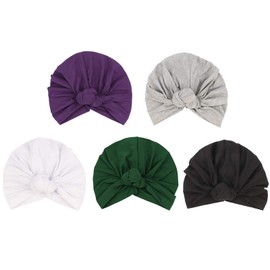 Dreshow Pack of 5 African Turban for Women, Soft, Pre-Tied Knot, Fashion, Pleated Turban, Hat, Head Wrap, Sleep Cap - Purple, black, grey, white, dark green