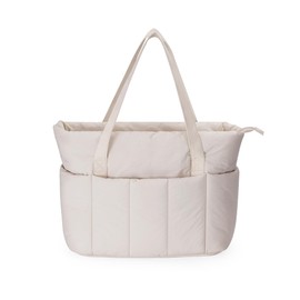 Narwey Puffer Travel Tote Bag for Women Work with 15.6" Laptop Compartment, Lightweight Quilted Puffy Tote Bags with Luggage Sleeve for Carry on, College, Gym, Nurse (Beige, Large)