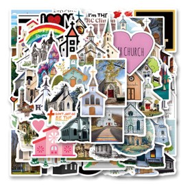 62Pcs Church Stickers Pack，Cute Cartoon Aesthetics Vinyl Waterproof Decals for Water Bottle, Laptop, Phone, Skateboard, Journaling for Kids Teens Adults for Party Supply Decor Favor