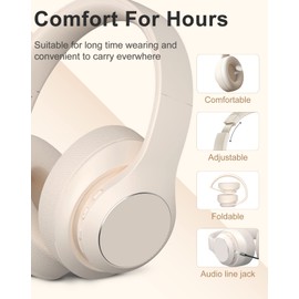 Intoberp Auriculares inalámbricos Bluetooth sobre la oreja, 40 horas de reproducción, auriculares inalámbricos con micrófono, auriculares plegables ligeros con sonido estéreo HiFi para viajes y trabajo (beige)