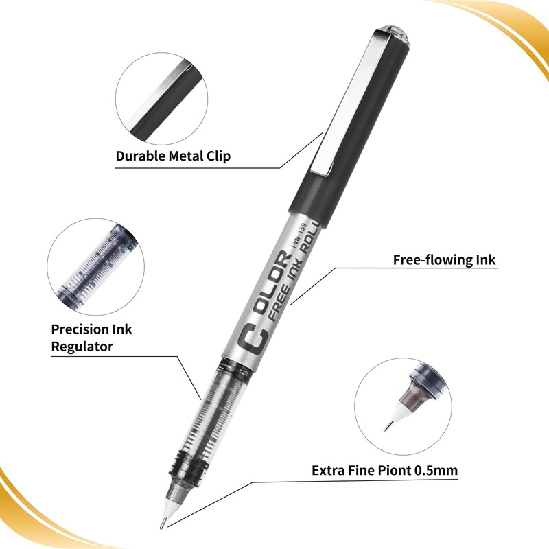 EYEYE Black Rollerball Pens 0.5mm Needle Tip, 12 Pack Extra