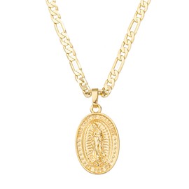kelistom 14K Gold Plated Virgin Mary Guadalupe Pendant Necklace for Women Men 3mm Flat Figaro Chain Necklace 18/22 inches (length-22in, solid)