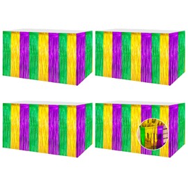 timecity 4 Packs Mardi Gras Table Skirts Metallic Foil Fringe Curtain Tinsel Table Skirt Streamer Backdrop for Mardi Gras Carnival St Patrick Party Decorations, 29.5x108 Inch