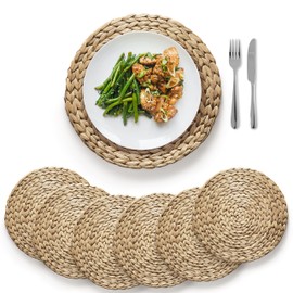 (Sizes:12"-13''-14''-15'') BLUEWEST Woven Placemats, Round Placemats Rattan Placemats, Wicker Water Hyacinth Placemats, Round Braided Placemat Set, Heat Resistant/Anti-Slip for Plate (14'',Set 6)