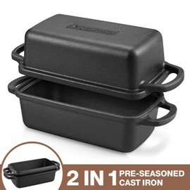 Apatiner 2 in 1 Cast Iron Bread Pan with Lid, Durable Loaf Pans for Baking Homemade Sourdough and Meatloaf, Bread Oven Cast Iron Cookware, Set of 2