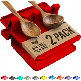 Reposapiés de silicona roja para encimera de cocina con almohadilla de goteo (paquete de dos) - Resistente al calor, sin BPA y soporte de cuchara para encimera de cocina - Soporte para utensilios de parrilla para espátulas, pinzas, cucharones