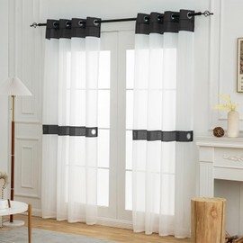 L.Z.E White and Black Sheer Curtains 63 Inch Length 2 Panels for Living Room, Transparent Elegant Modern Sheer Curtains for Dinning Room Bedroom,Grommet Small Window Curtains with Design