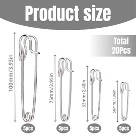 JAXICREY 20Pcs Large Safety Pins, Heavy Duty Safety Pins for Clothes Assorted Sizes 50/63/75/100mm, Strong Kilt Pin, Extra Big Stainless Steel Saftey Pin for Crafts Blanket Upholstery Nappy Fabric