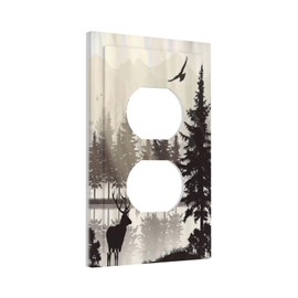 Misty Forest Deer Mountain Tree Black Woodland Lake Nature 1 Gang Duplex Outlet Covers Decorative Light Switch Cover Single Wall Plate Electrical Receptacle Faceplate for Bathroom Kitchen Bedroom
