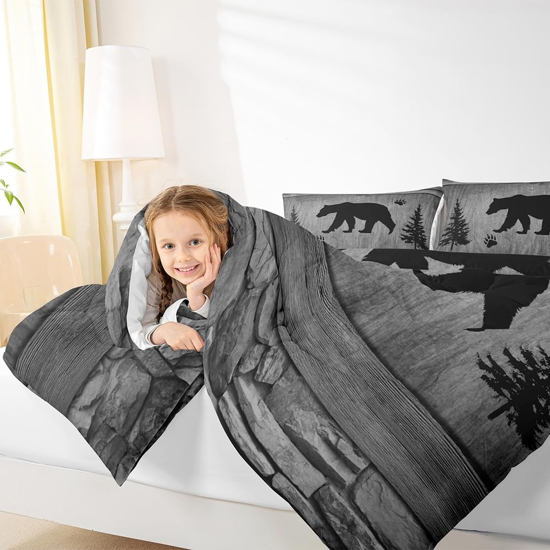 Manfei Rustic Bear Comforter Set Queen Size, Black Trees Deer