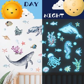 Under The Sea Wall Decals Glow in The Dark Colorful Sea Turtle Seaweed Wall Stickers Removable Ocean Themed Wall Decor for Bedroom Bathroom Living Room (YCL4007-ZC, 20 * 30CM)