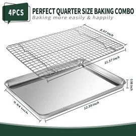 CEKEE Quarter Sheet Pan with Cooling Rack Set [2 Baking Sheets + 2 Baking Racks], CEKEE Stainless Steel Cookie Sheets for Baking and Wire Rack - Rust & Warp Resistant & Nonstick, Size 12 x 9.8 x 1 Inch