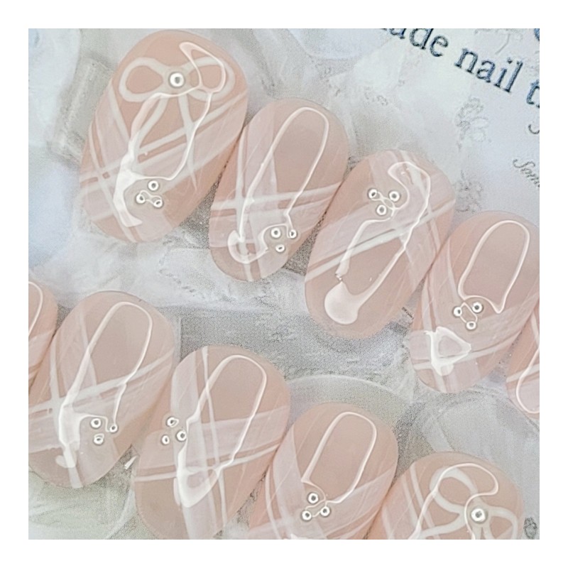 Pearl Ribbon Handmade Nail Tips - Oval M / 진주