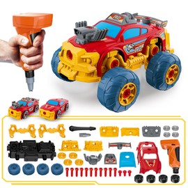 Pup Go 3-in-1 Take Apart Car for Boys with Electric Drill, 46Pcs Construction Toy Truck, Build Your Own Car with Play Tools, Ideal STEM Gift for Kids Children Ages 3 4 5 6 7 8 Year Old (Red)