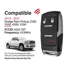 2 Keylessbest Replacement for 2019 2020 2021 2022 2023 Dodge Ram Pickup 2500 3500 4500 5500 Key Fob Remote Control GQ4-76T 3 Buttons 433MHz