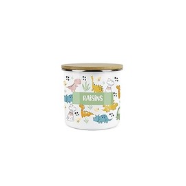 Purely Home Kids Mini Snack Pot – Lunchtime Dinosaurs Raisins Storage Canister - White Metal Enamel Treats Storage Container
