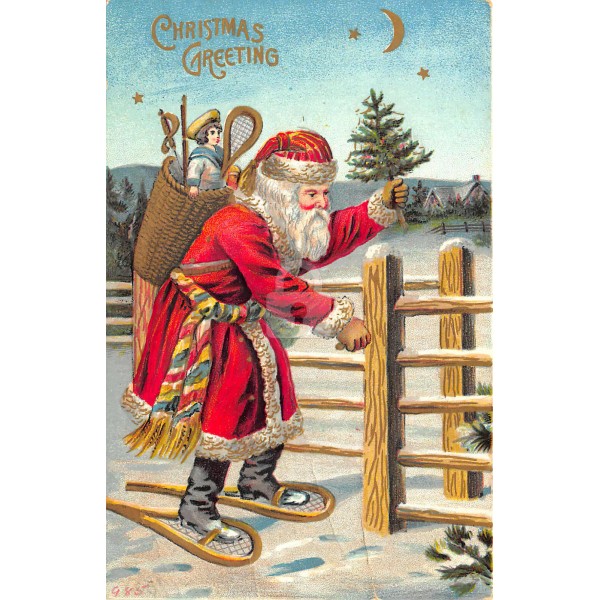 Christmas Greetings Red Suited Santa Claus Basket Fence Tree Postcard