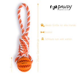 PAWDY Hundeseil mit Ball für Spielspaß und Zahnpflege - Robustes Hundespielzeug für mittlere & große Hunde - Kauspielzeug mit Noppen aus Naturkautschuk - Ball Seil Wurfspielzeug für Hunde (orange)