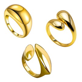 Pack of 3 Women's Gold Rings, Adjustable, Gold Rings, Waterproof, Chunky Rings, Finger Ring, Simple Band Ring, Stackable Open Golden Rings, Ring Set Gold, Smooth Tear Water Drop Rings Gold, Metal-free