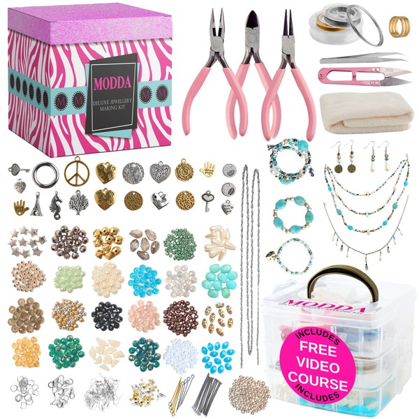 MODDA Deluxe Jewelry Making Kit with Video Course, Includes Instructions, Beads, Necklace, Bracelet, Earrings Making, Crafts for Adults, Beginners, Christmas Gift for Teens, Girls 13-15, Moms, Women