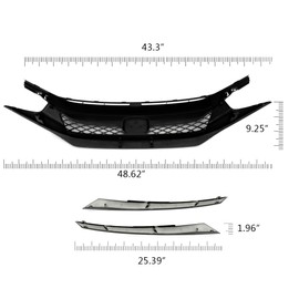 PIT66 Front Bumper Mesh Hood Grill Grille Trim + 2Pcs Eye Lid Eyebrow Compatible with 2019-2020 Honda Civic Type-R Style