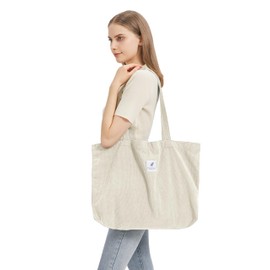 TeeYee Corduroy Bag Women's Shoulder Bag Tote Bag Corduroy Women's Shopper Handbag Shoulder Bags Work Office Travel Shopping School Everyday White L
