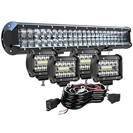 TURBO SII 20 Inch 126W 5D Led Light Bar Spot Flood Combo Beam + 4Pcs 4" 60W LED Work Light Pods Driving Fog Lamp with Rocker Switch Wiring Harness for Polaris Truck ATV UTV SUV 4X4 Boat