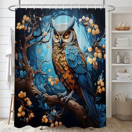JWJAMM Owl Shower Curtain Full Moon Wildlife Blue Starry Night Bird Fantasy Wonderland Animal Bath Curtains with Hook 70x70 Inch