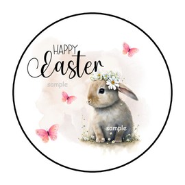 PartyMommy 30 HAPPY EASTER BUNNY ENVELOPE SEALS STICKERS LABELS TAGS 1.5" ROUND BUTTERFLIES