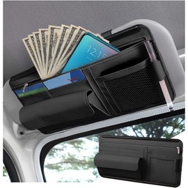 TSUGAMI Car Visor Pocket Wallet Pouch Organizer, Car Sun Visor Organizer, Vehicle Sunshade Glasses Case Storage Bag with Multi-Pocket Net Zipper, Auto Interior Accessories for SUV Truck(Black)