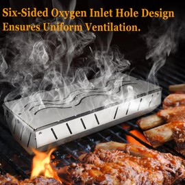 YTACREA Gas BBQ Smoker Box for Grill, 6 sided Oxygen Intake large Capacity Smoker Box，Stainless Stell Grill BBQ Smoke Box with 2 Hooks, BBQ Meat Smoker Accessories Add Smokey Flavor