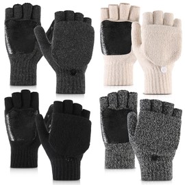 JaGely 4 Pairs Fingerless Gloves for Women Men, Winter Knit Convertible Fingerless Wool Mittens Warm Flip Fingerless Gloves for Cold Weather