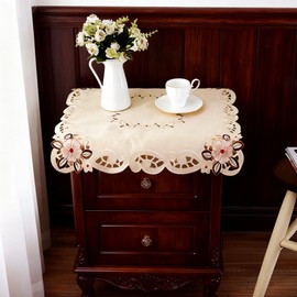 WELLYUK 33 Inch X 33 Inch Vintage Embroidered Pink Flower Beige Classic Lace Square Tablecloth, Elegant Dining Room Home Decoration Table Cloth Cover