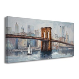 Anolyfi Cityscapes Picture Office Wall Art, New York Brooklyn Bridge Picture Canvas Prints, Grey Skyline Abstract Painting Artwork Framed for Living Room Bedroom Bathroom Home Decor 40x20
