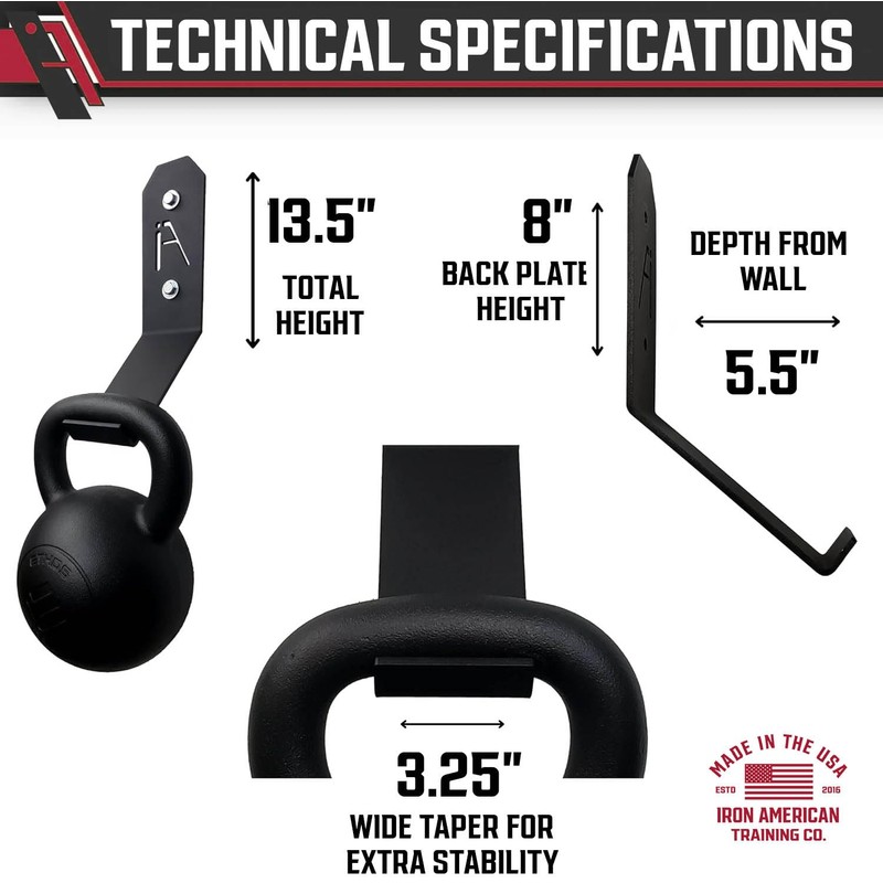 IRON AMERICAN Kettlebell Hook Gym Wall Mount Hanger, 200+ Pound
