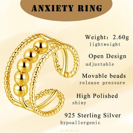 Kamise Silver Anxiety Ring, 925 Sterling Silver Anxiety Rings for Women, Hypoallergenic Bead Spinner Fidget Ring with 5 Beads, Open Three Layer Anti-Stress Rings, Decompression Rings with Gift Box,