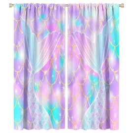Mermaid Fish Tail Curtains Girl Bedroom Living Room Blackout Curtain Home Decor Mermaid Fish Scale Background Printing Curtain 2 Panel Sets W42 * L54 Inch