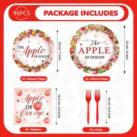Grencian 96Pcs Fall Apple Baby Shower Decoration - Apple of Our Eye Party Plates and Napkins Autumn Vintage Tableware Sets for Thanksgiving Fall Harvest Fruit Themed Birthday Decorations Serves 24
