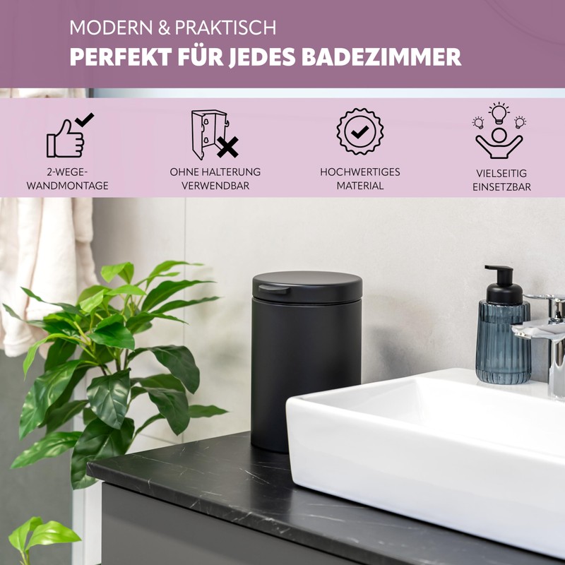 bremermann Wall-Mounted Cosmetic Bin, 3 Litres, Bathroom Bin, 2-Way Mounting,