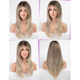 WOKESTAR Long Straight Wigs for Women with Curtain Fringe, Layered Synthetic Color Hair(Platinum Blonde with Dark Roots)