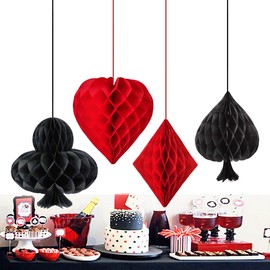 Viojrlly 4 Set Wabenbälle Bunt Casino Wabenbälle Las Vegas Party Nacht Party Dekorationen Hängende Wabenbälle für Casino Magie Themed Birthday Backdrop Dekoration Zeremonie Dekoration Rot Schwarz