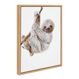Kate and Laurel Sylvie Baby Sloth Hanging Around Framed Canvas Wall Art by Amy Peterson Art Studio, 18x24 Natural, Modern Animal Portrait Art for Wall