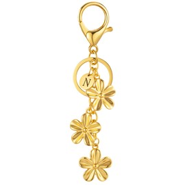 XGALBLA Gold Initial Keychain Gold Flower Charms for Key Cute Letter Keyring for Purse Handbag Backpack(N)