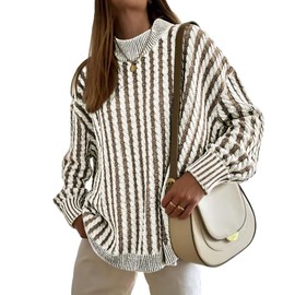 Famulily Womens Sweater Cable Knit Drop Shoulder Contrast Strip Sweater Womens Casual Sweater Coffee S
