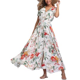 Women's Boho Floral Maxi Dress Summer Button Up Split Flowy Beach Party Dress WhiteMultFlower X-Large